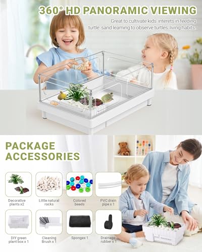 GOZILLA Small Turtle Tank Starter Kit, Acrylic Turtle Aquarium with Multi-Functional Areas for Turtles, Crabs, Crayfish, Small Reptiles. (White Tank)