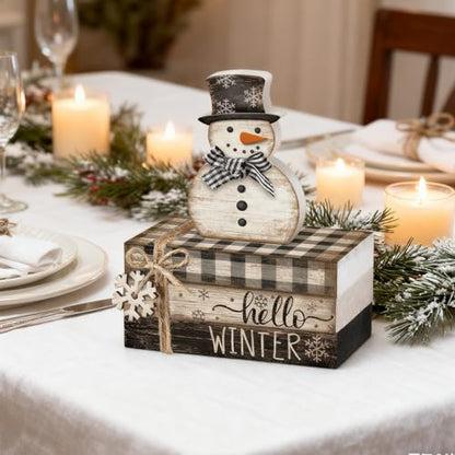 4 Pcs Winter Snowman Decor Hello Winter Table Decorations Christmas Tiered Tray Decor Centerpiece Indoor Rustic Wooden Snowman Block Sign Gift Farmhouse for Home Kitchen Shelf - style: Snowman