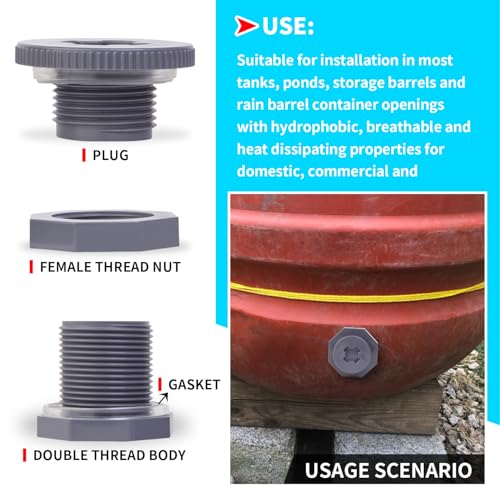 ChillWaves PVC Bulkhead Fitting 1" Double Thread Connector Adapter with Plugs for Water Tank, Aquariums, Rain barrels(4-PACK) - size: 1 Inch, style: Bulkhead Fitting + Plug