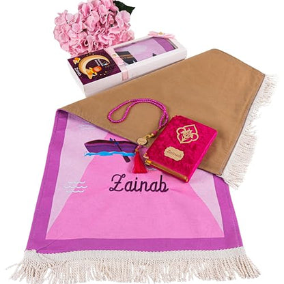 IEF Personalized Eid Gifts Prayer Mat, Birthday Gifts Quran Prayer Beads Set, Anniversary Gift Chenille Prayer Rug Pearl Prayer Beads Arabic Quran for Girls (Girl, Model-3) - color: Model-3