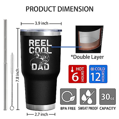 Fishing Gifts for Dad Men 30 oz REEL COOL DAD Tumbler Cups with Fish American Flag Design Father's Day Christmas Fishing Gifts for Dad Grandpa Stainless Steel Insulated Water Bottle With Lid - color: DAD-Fishing-01