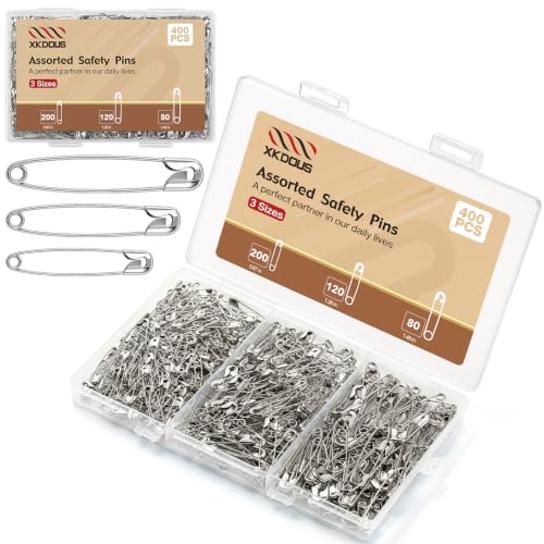 XKDOUS 400 Pack Safety Pins for Clothes, 3 Assorted Size Heavy Duty Pins - color: Silver, size: 3 Assorted Sizes (400 Pcs)