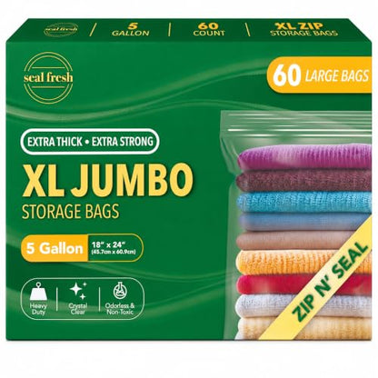 Seal Fresh 5 Gallon Large Plastic Storage Bags – 18" x 24" (60 Count) – Reusable XXL Extra Large Clear Jumbo Zip Bags with Sealable Zipper Top For Clothes, Travel, Moving - size: 5 Gallon - 60 Pack