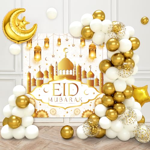 Eid Mubarak Decorations for Home - 70pcs Ramadan Decorations include White Gold Star Moon Balloons and Eid Mubarak Banner for Ramadan Decor - color: White Gold