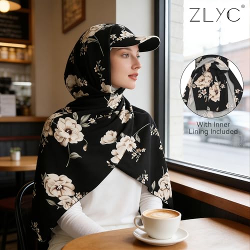 ZLYC Women Muslim Hijab Scarf with Visor Built-in Undercap Sun Protection Headwrap - color: Flowers Black