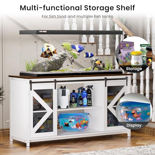 80 Gallon Fish Tank Stand with Power Outlet, Heavy Duty Aquarium Stand with Accessories Storage Cabinet and Sliding Barn Door - Metal Fish Tank Stand for Turtle, Reptile, for 2 Tanks, White+ Walnut