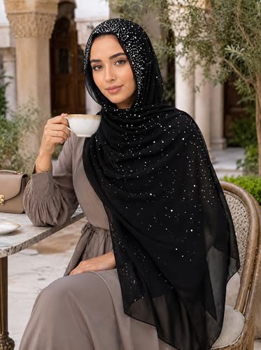 Chiffon Hijab Scarf for Women, Rhinestone Pearl Muslim Head Scarf, Lightweight Shawl Wrap - color: Black