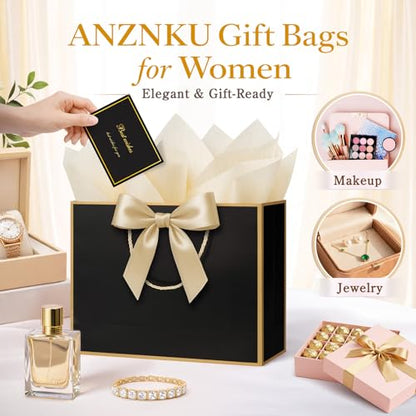 ANZNKU 2PCS Black Medium Gift Bags with Handles 4 Tissue Paper 2 Ribbons 2 Cards, Gift Wrap Bags Set for Women & Men Birthday Graduation Wedding Engagement Bridal & Baby Shower Presents Party Favors - color: Luxury Black