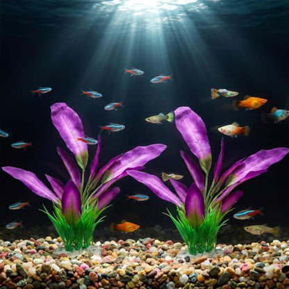 DIVINA VITAE Silk Aquarium Plants,Artificial Aquatic Water Grass Decoration | 2Pcs, for Betta Fish Tank, 10 Inch Tall, Purple