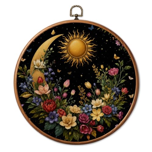 Chicimln Boho Sun Moon Floral Round Wall Art Framed Canvas Prints,Mystical Celestial Dark Cottagecore Botanical Wall Hanging Decor for Home Bedroom Living Room 10x10 Inch - color: Boho Sun 01