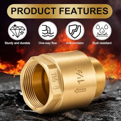 Zonon 2 Pcs 1-1/2 Inch Check Valve One Way Brass Non Return in Line Check Valve with Backflow Prevention NPT Male in FNPT out for Garden Hose Well Pumps Irrigation Systems Chemical Industry - size: 1-1/2 Inch