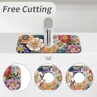 Kitchen Sink Splash Guard Flowers In 1 Faucet Mat Sink Gadgets Super Absorbent Fast Drying Mat Drip Catcher For Kitchen Bathroom Sink Mat Dish Drying Mat Bathroom 15" X 5.5" - color: Flowers in various colors-1