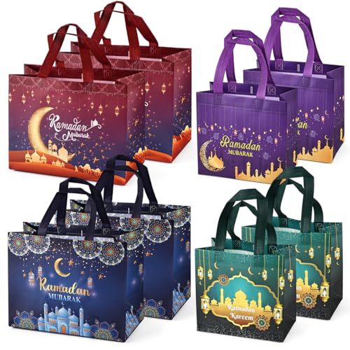 Aviski 8PCS Ramadan Mubarak Reusable Gift Bags, Assorted Sizes, Multicolor, Non-Woven, Islamic Themed Patterns