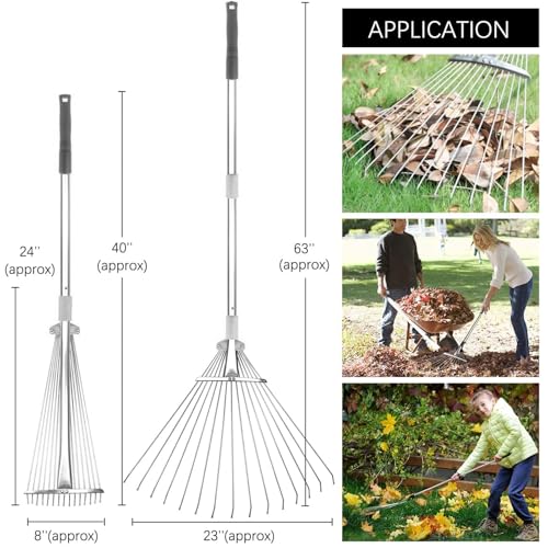 Buyplus Adjustable Garden Leaf Rake - 24 to 63 Inch Telescopic Metal Expandable Folding Leaves Rake, Metal Rakes for Leaves, Yard Rakes for Lawn Yard, Flowers Beds, Sliver - color: Sliver