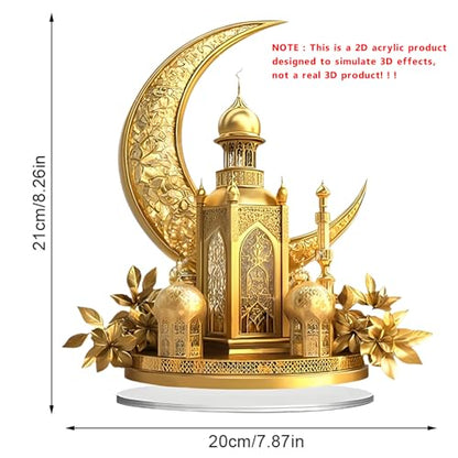 EUBUY Ramadan Decorations Acrylic Mubarak Sign Centerpiece, Golden Crescent Moon Mosque Acrylic Desktop Decoration for Muslims Home Bedroom Decor