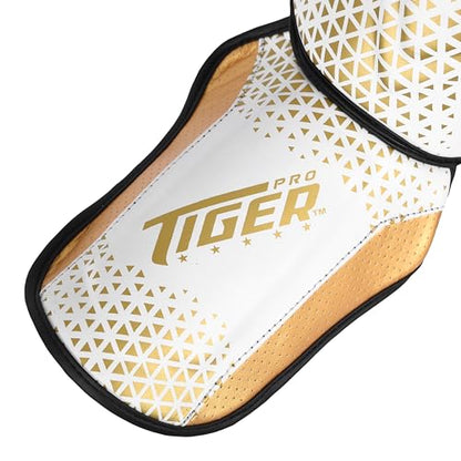 Shin Guards MMA, Muay Thai, Kickboxing, Leg Instep Protection Pads, Kicking, Sparring, Training Gear, Karate, Boxing, Taekwondo - Unisex - Black and White Colors - color: White/Gold, size: X-Large