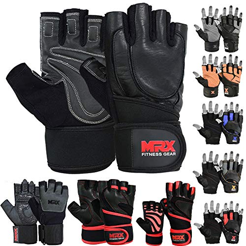 MRX Weight Lifting Pro Level Gloves with 18 Inches Long Wrist Strap Gym Workout Exercise & Fitness in - color: Black/Leather, size: XX-Large