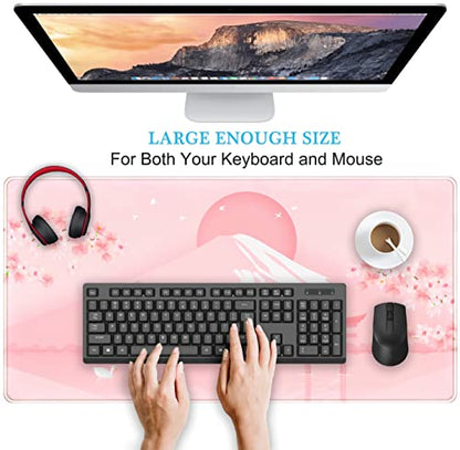 Cherry Blossom Mouse Pad Kawaii Pink Floral Desk Mat, Japanese Pastel Sakura Large Anime Gaming Mousepad XXL, Cute Aesthetic Mount Fuji Japan Keyboard Mats for Women Office Desk Pads 31.5"x15.75" - color: Pink Cherry Blossom
