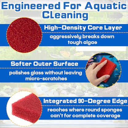 12-Pack Aquarium Glass Cleaner Sponges, 3.25" x 3.25" x 1" | Non-Scratch Thick Durable Scrubber Pads, Safe for Glass Fish Tanks, Crystal Clear View, Red