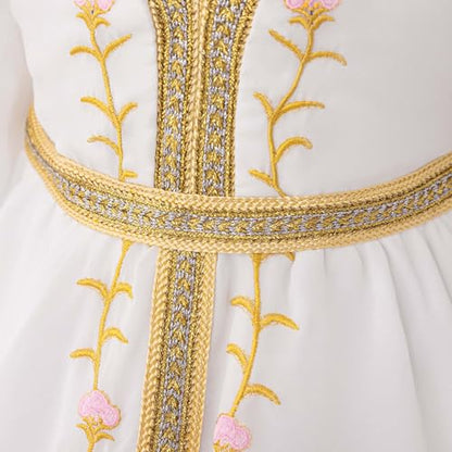 Girls Muslim Dress Kids Girls Floral Embroidery Prayer Dresses Long Sleeve V Neck Elegant Kaftan Dresses for Party - size: 2-3T
