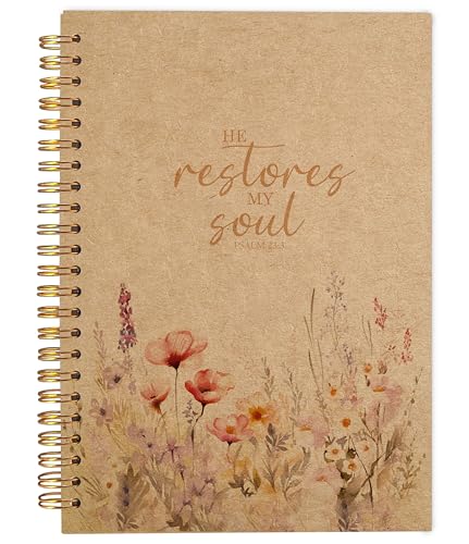 Christian Notebook for Women, Christian Gifts Journal, Prayer Journal for Women, Bible Journaling Notebook, PSALM 23:3 He Restores My Soul Floral Spiral Notebook 5.5x8.3 Kraft Paper - color: 10-Christian-notebook