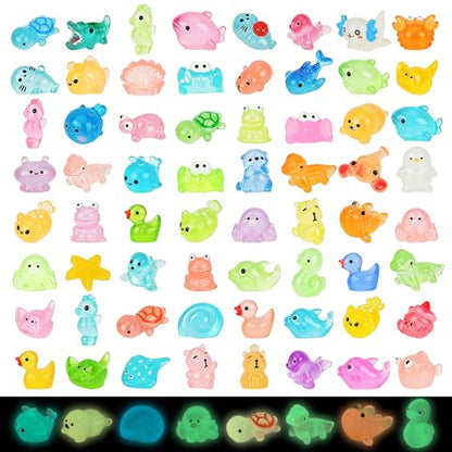 100pcs Mini Resin Ocean Animals, 70 Styles Mini Sea Creatures Glow in the Dark, Mini Ocean Animals Figures for Micro Fairy Garden, DIY Fish Tank, Landscape, Aquarium Ornaments