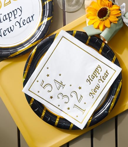 2026 New Year Plates and Napkins Party Supplies - Serves 25 - Happy New Year Eve 9 Inch and 7 Inch Plates, Napkins NY Party Decorations Favors