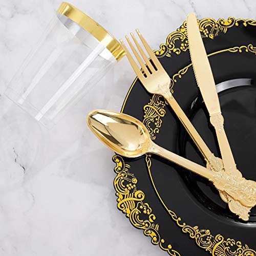 Hioasis 175pcs Black and Gold Plates - Black Party Plates for 25 Guest, Include 50 Heavy-duty Plates(20% Thicker Than Standard), 75 Cutlery Set, 25 Napkin, 25 Cups for Graduation - color: Black and Gold