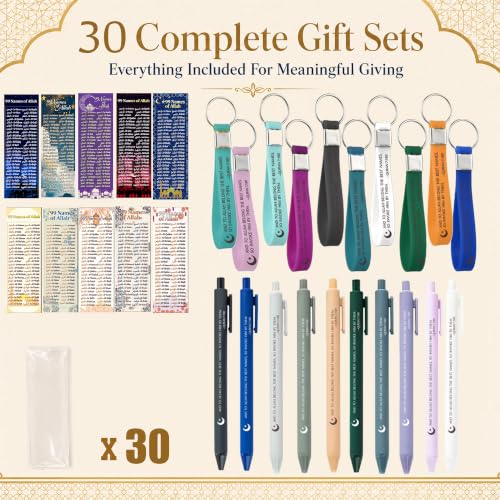 30 Sets 99 Names of Allah Bookmark Pens with Quran Writings Silicone Keys Chains Arabic English Bilingual Islamic Graduation Gifts Bulk for Quran Learning Reflecting on The Names of Allah