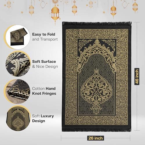 Muslim Prayer Rug with Islam Prayer Beads - Travel Prayer Mat, Islamic Gifts for Women, Portable Prayer Matt Islam, Islamic Prayer Rug Islam Men Women, Praying Mat for Muslim Gifts, Black