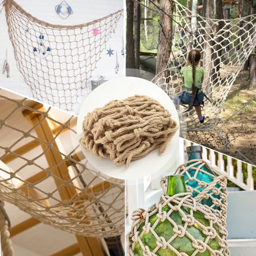 Hemp Rope Net (4ftx8ft) Heavy Duty Natural Jute Rope Net Climbing Safety Rope Netting Balcony Stairs Fence Garden Playground Protection Net Indoor & Outdoor Decor Rope Net - size: 4ftx8ft