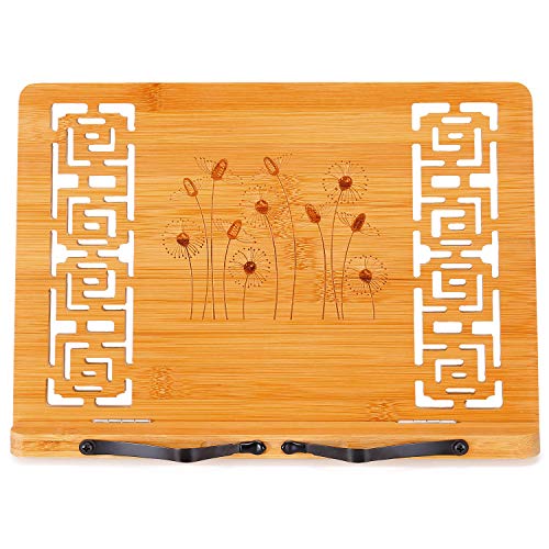 MEGREZ Book Stand for Reading (13.2 x 9.4 inch) Bamboo Cookbook Stand Holder for Kitchen, Adjustable Book Holder Stand for Tablet/Textbook Holder/Hollow Bookrest Stand, Dandelion - color: Dandelion