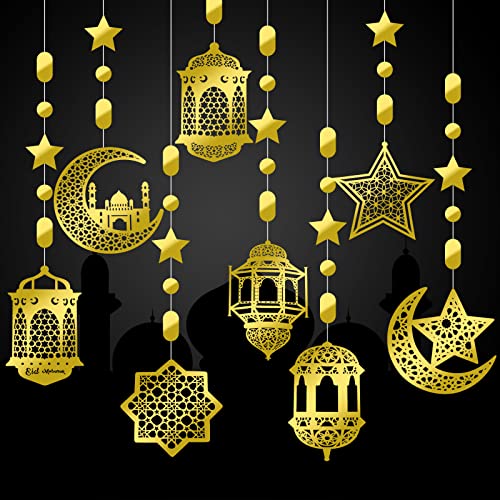Zonon 24 Pcs Islamic Star Moon Lantern Ramadan Garland Eid Decoration Streamer Ramadan Mubarak Party Banner Backdrop Shining Hanging Wall Decorations for Home Wedding Decor Islam Party(Gold) - color: Gold