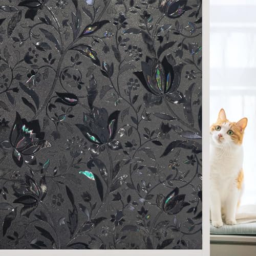 Blackout Window Film, 100% Sun Light Blocking Removable Privacy Window Cover, Stained Glass Windows Tint for Home, Static Cling Room Darkening Windows Stickers (Black Tulip, 17.5" x 78.7") - color: Black-tulip, size: 17.5" x 78.7"