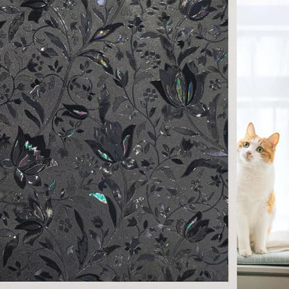 Blackout Window Film, 100% Sun Light Blocking Removable Privacy Window Cover, Stained Glass Windows Tint for Home, Static Cling Room Darkening Windows Stickers (Black Tulip, 17.5" x 78.7") - color: Black-tulip, size: 17.5" x 78.7"