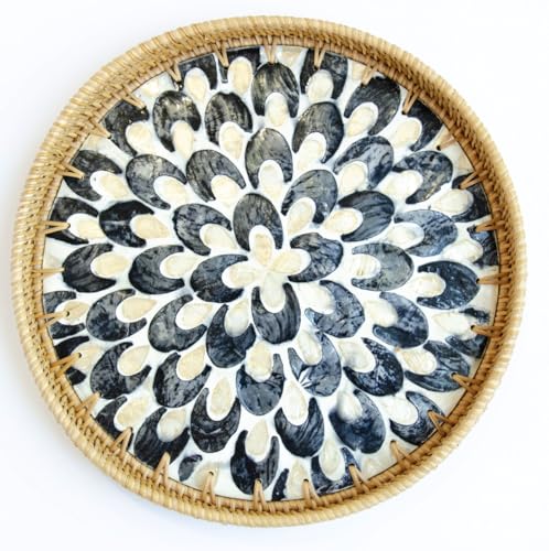 Magenta & Teal Round Rattan Serving Tray with Mother of Pearl Inlay, Wicker Coffee Table Decor, Farmhouse Style (Blue Tan Flower) - color: Blue Tan Flower