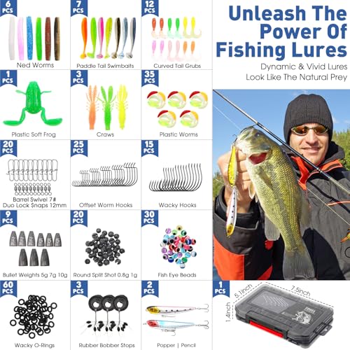 RoundFunny 256 Pcs Fishing Backpack with Tackle Box Gears, Tackle Sling Bag Backpack, Fishing Hook, Lures, Retractable Landing Net, Plier, Lip Gripper, Hook Remover, Fish Gift Men - color: Black