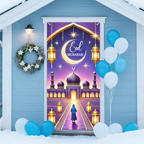 IVN Eid Mubarak Mosque Lantern Door Cover 71 x 35 Inches Violet and Gold Front Door Banner Islamic Holiday Backdrop With Crescent Moon Indoor And Outdoor Religious Holiday Decor - color: Eid Mubarak Purple Mosque