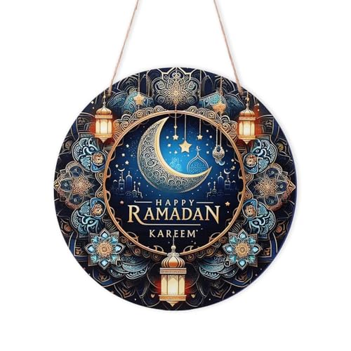 Ramadan Door Sign, 7.88 Inch Wooden Ramadan Door Hanging Sign Eid Mubarak Sign Ramadan Kareem Wreath Ramadan Door Decoration Islamic Decor for Home Porch Farmhouse Front Door Wall