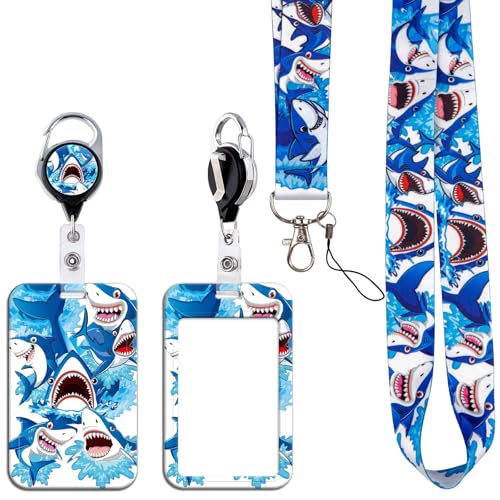 Cool Lanyards with Id Badge Holder, Blue Retractable and Breakaway Lanyards with Name Tag Clip, Blue Shark Lanyard with Keychain for Kids Boy Men Women - style: Shark