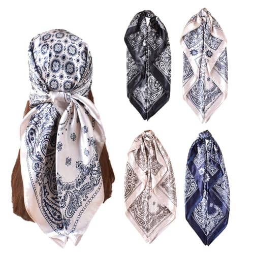 4Pcs Silk Head Scarves for Women Satin Hair Scarf 35”Large Square Bandana Silk Like Neck Scarf Shawl - color: White/Black/Navy Blue/Brown