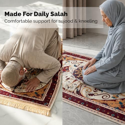 UrmiX Memory Foam Knee Support Prayer Rug/Mat– Orthopedic Style Thick Padded Janamaz Sajada, Premium Velvet Islamic Rug with Non-Slip Base, Tasbih Beads & Gift Box Included (Burgundy) - color: Burgundy