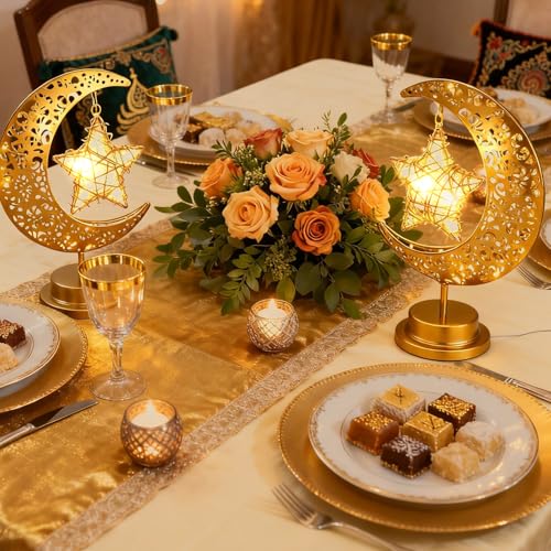 Glooglitter 2 Pcs Moon Crescent Ramadan Table Lamp Decorations Battery Operated Ramadan Lights Eid Mubarak Moon Decorations Gold Crescent Lamp Nightlights Eid Gifts for Home, Bedroom, Living Room
