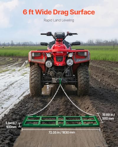 VEVOR Drag Harrow, 6 ft Heavy Duty Tow Behind Drag Harrow with Adjustable Bars & 72 in Chain, Driveway Grader Landscape Rake for ATV, UTV, Tractor, Mower Tow Behind Yard Lawn Leveling Tool - size: 6 FT- Green