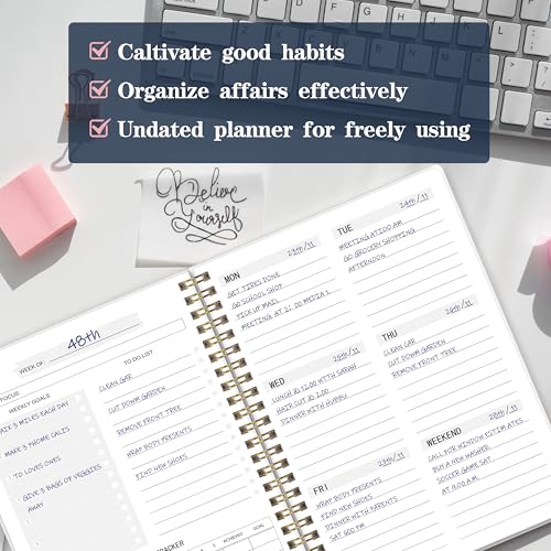Undated Weekly Planner with To-Do List & Habit Tracker, 5.7" x 8" | 52 Weeks, 2-Page Weekly Spreads, Spacious Writing Space, No-Bleed Paper, Smooth Writing, Waterproof PVC Cover, Spiral Bound - color: White-01