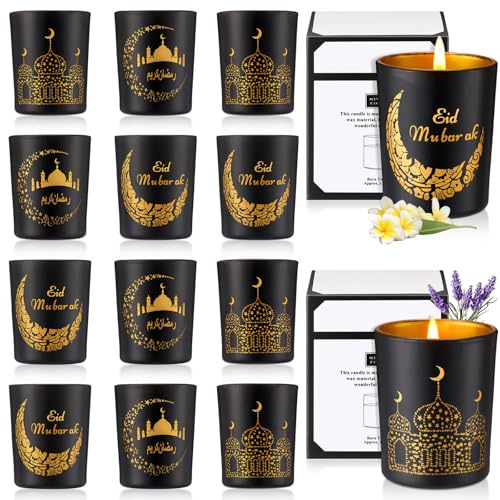 MTLEE 12 Pcs Ramadan Gifts Ramadan Mubarak Scented Candle Jar Eid Candles Eid Religious Novelty Candle Mubarak Home Muslim Islam Gifts Festival Decor(Black)