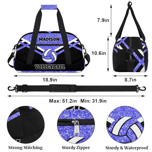 Custom Fitness Volleyball Bag with Name, Personalized Duffle Bag Overnight Bag Gym Duffle Bag for Travel Sleepover Bag, Light Blue Glitter Black - color: Blue