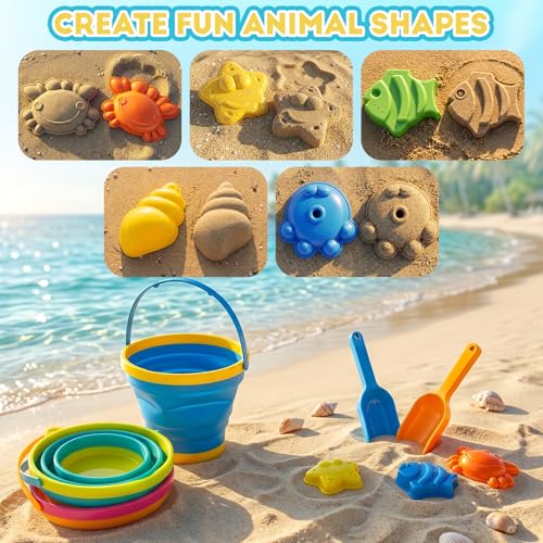 MGparty Collapsible Beach Toys Set for Kids, 3 Pack Foldable Sand Buckets with Shovels Molds Mesh Bag, Portable Travel Sandbox Toys for Toddlers Kids Age 3-10