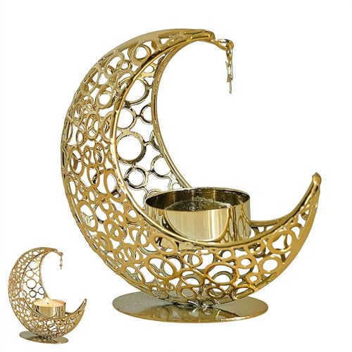 Metal Crescent Moon Candle Holder - Islamic Ramadan Moon Decor Stand, 3D Moons and Stars Ramadan Hollowed Decorative Tea Light Stand, Eid Gift for Muslims, Islamic Decorations (Golden) - color: Golden