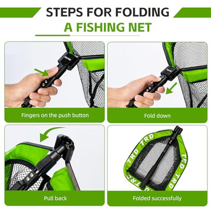 AluFloat X1 Fishing Net with Handle (Fish Net) - Floating Foldable Rubber-Coated Deep Mesh Landing Net for Bass & Fly Fishing - Fishing Gear, Kayak Accessories, Fishing Accessories - color: green